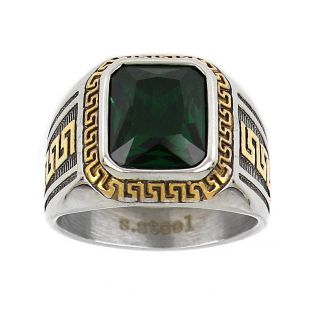 Men's stainless steel ring with green crystal, gold meander and embossed lines - 
