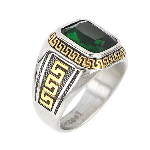 Men's stainless steel ring with green crystal, gold meander and embossed lines