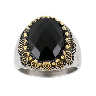 Men's stainless steel ring with black crystal and embossed design with golden drops - 
