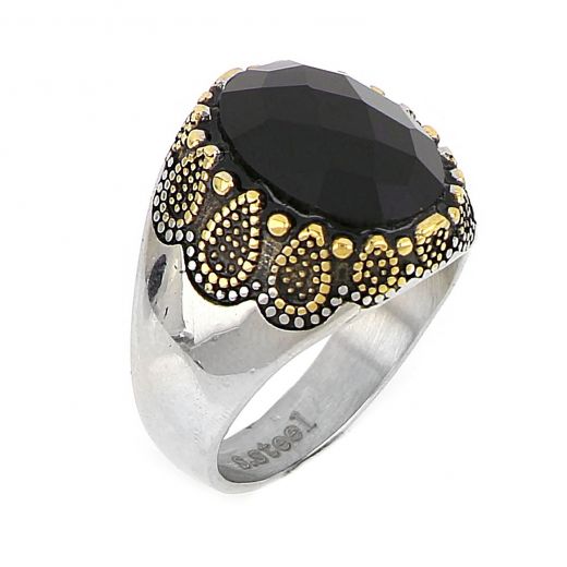 Men's stainless steel ring with black crystal and embossed design with golden drops