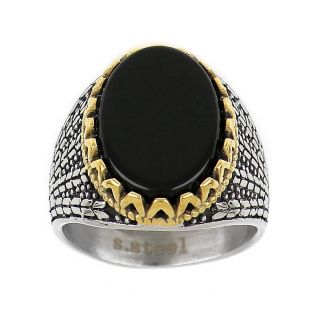 Men's stainless steel ring with oval onyx, golden perimetrical desing and embossed design - 
