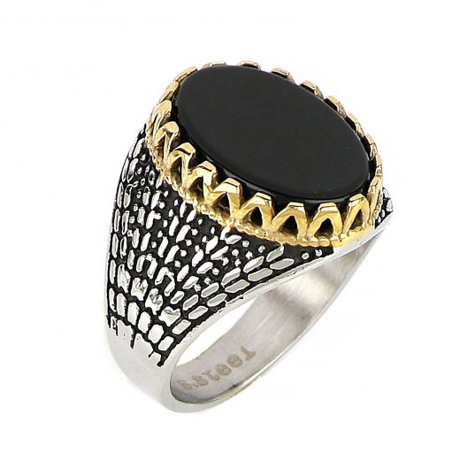 Men's stainless steel ring with oval onyx, golden perimetrical desing and embossed design
