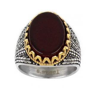 Men's stainless steel ring with oval carnelian stone, golden perimetrical design and embossed design - 