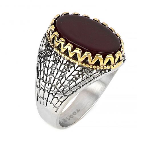 Men's stainless steel ring with oval carnelian stone, golden perimetrical design and embossed design