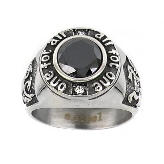 Men's stainless steel ring one for all and all for one with black crystal, cubic zirconia and embossed design - 