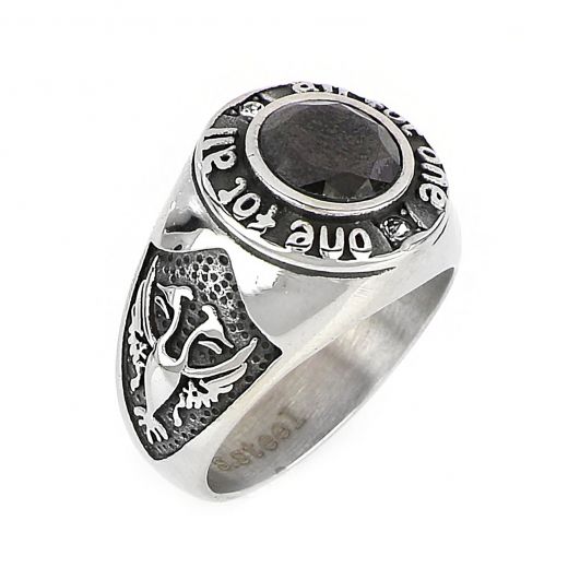 Men's stainless steel ring one for all and all for one with black crystal, cubic zirconia and embossed design