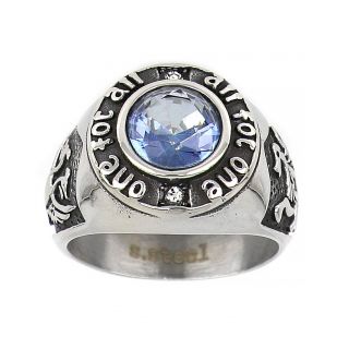Men's stainless steel ring one for all and all for one with light blue crystal, cubic zirconia and embossed design - 