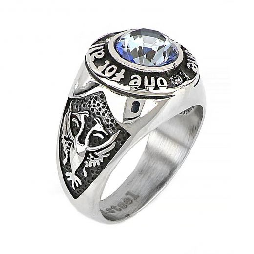 Men's stainless steel ring one for all and all for one with light blue crystal, cubic zirconia and embossed design