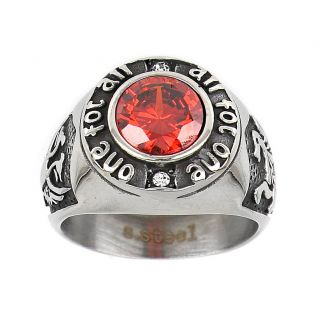 Men's stainless steel ring one for all and all for one with red crystal and embossed desig - 