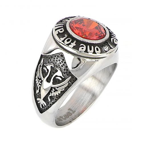 Men's stainless steel ring one for all and all for one with red crystal and embossed desig