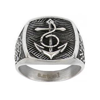 Men's stainless steel ring with anchor, curvy lines and steering wheel - 
