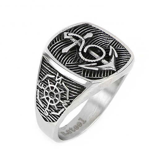 Men's stainless steel ring with anchor, curvy lines and steering wheel