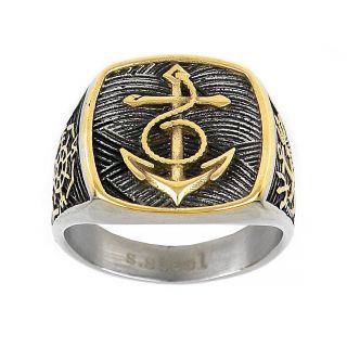 Ανδρικό δαχτυλίδι ατσάλινο με χρυσή άγκυρα, καμπυλωτές γραμμές και ναυτικό τιμόνι - 