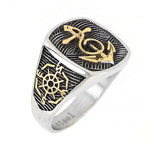 Men's stainless steel ring with gold anchor, curvy lines and steering wheel
