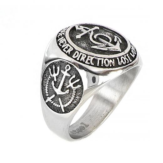 Men's stainless steel ring with anchors and letters
