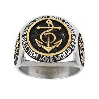 Men's stainless steel ring with gold anchors and letters - 