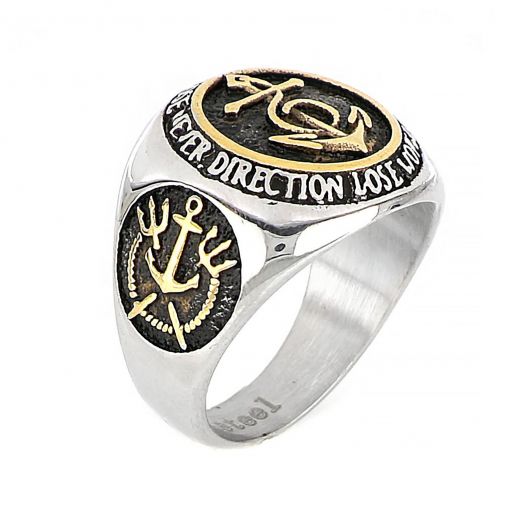 Men's stainless steel ring with gold anchors and letters