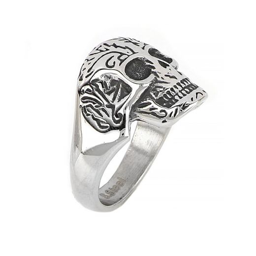 Men's stainless steel ring with a skull and embossed lines