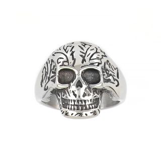 Men's stainless steel ring with a skull and embossed lines - 