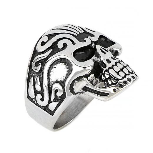 Men's stainless steel ring with skull and embossed design