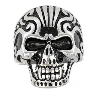 Men's stainless steel ring with skull and embossed design - 