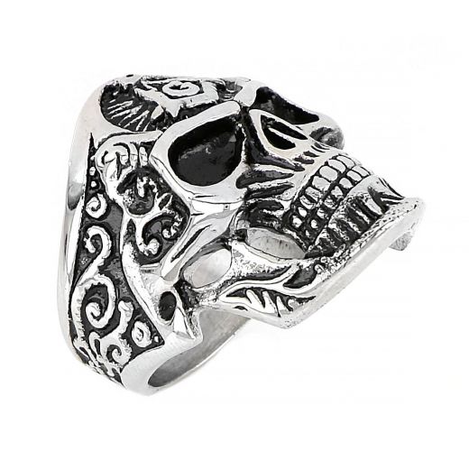 Men's stainless steel ring with skull and tectonic design
