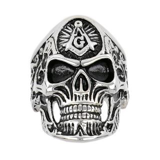 Men's stainless steel ring with skull and tectonic design - 