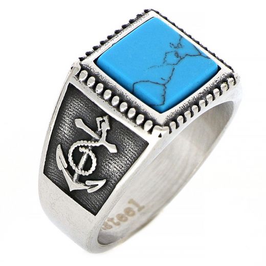 Men's stainless steel ring with turquoise haolite, embossed design and an anchor on the side