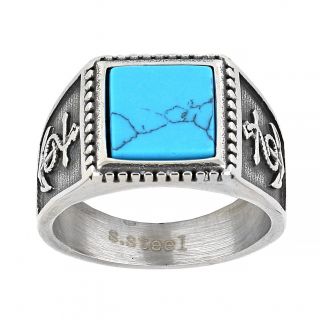 Men's stainless steel ring with turquoise haolite, embossed design and an anchor on the side - 