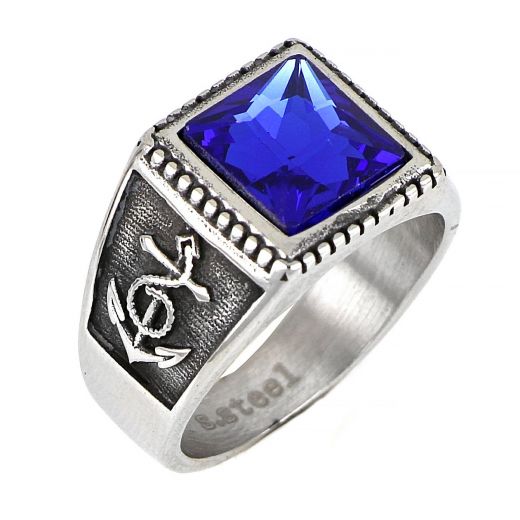 Ανδρικό δαχτυλίδι ατσάλινο με μπλε τετράγωνο κρύσταλλο, ανάγλυφο σχέδιο και άγκυρα στο πλάι