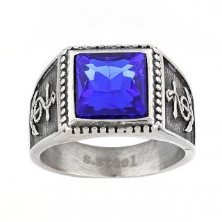 Ανδρικό δαχτυλίδι ατσάλινο με μπλε τετράγωνο κρύσταλλο, ανάγλυφο σχέδιο και άγκυρα στο πλάι - 
