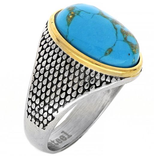 Men's stainless steel gold plated ring with turquoise haolite and embossed design