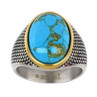 Men's stainless steel gold plated ring with turquoise haolite and embossed design - 