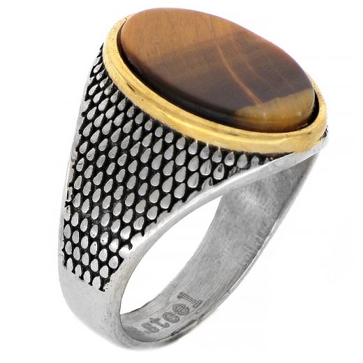 Men's stainless steel gold plated ring with tiger eye and embossed design