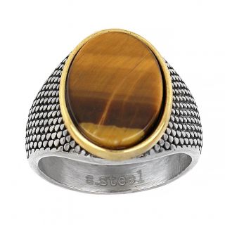 Men's stainless steel gold plated ring with tiger eye and embossed design - 