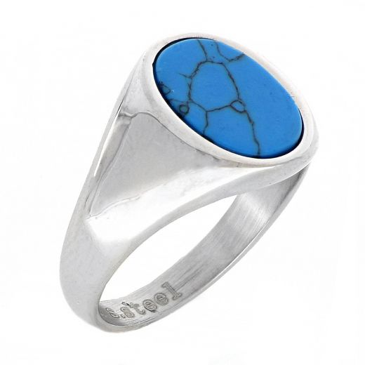 Men's stainless steel ring with oval turquoise stone