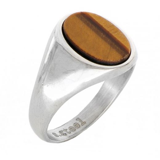 Men's stainless steel ring with oval tiger eye stone