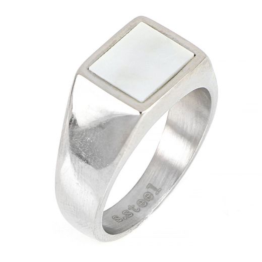 Men's stainless steel ring with square mother of pearl