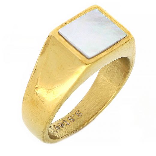 Men's stainless steel gold plated ring with square mother of pearl
