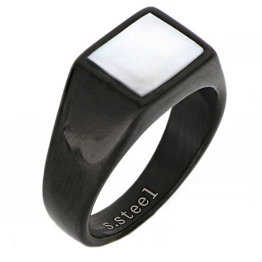 Men's stainless steel black ring with square mother of pearl