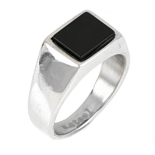 Men's stainless steel ring with square black onyx