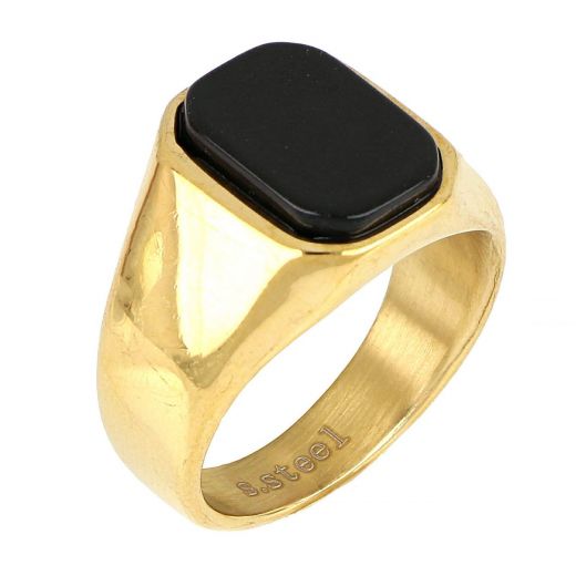 Men's stainless steel gold plated ring with black onyx