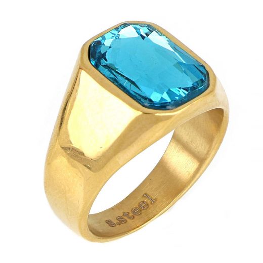 Men's stainless steel gold plated ring with light blue crystal