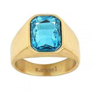Men's stainless steel gold plated ring with light blue crystal - 