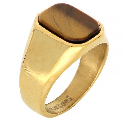 Men's stainless steel gold plated ring with tiger eye stone