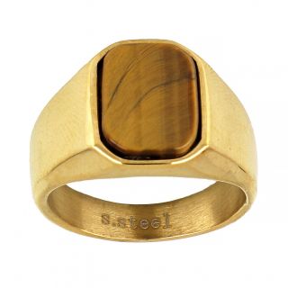 Men's stainless steel gold plated ring with tiger eye stone - 