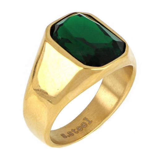 Ανδρικό δαχτυλίδι ατσάλινο επίχρυσο με πράσινο κρύσταλλο