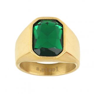 Men's stainless steel gold plated ring with green crystal - 