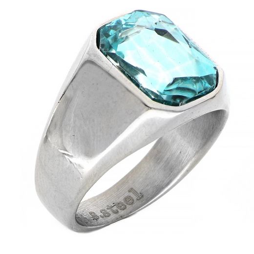 Men's stainless steel ring with light blue crystal