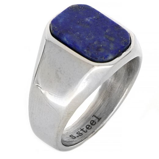 Men's stainless steel ring with lapis lazuli stone
